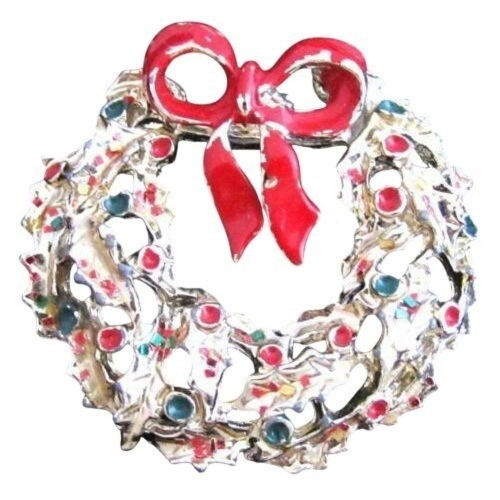 Vintage Pretty Red & Green Enamel Gold Plated Christmas‎ Wreath Brooch Pin